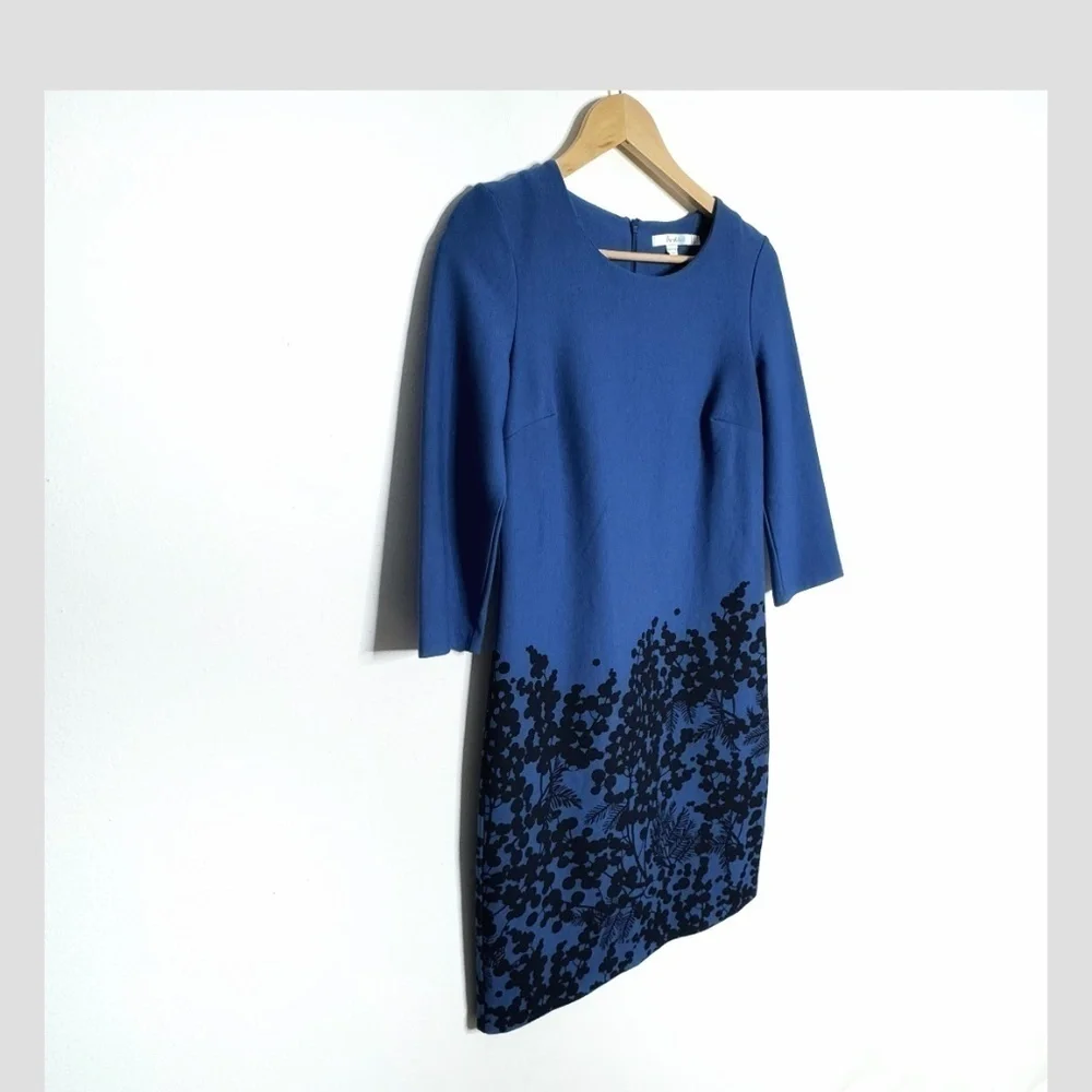 Boden Sheath Dress Stretch Ponte Fabric Blue Black Print 3/4 Sleeve Zip Back